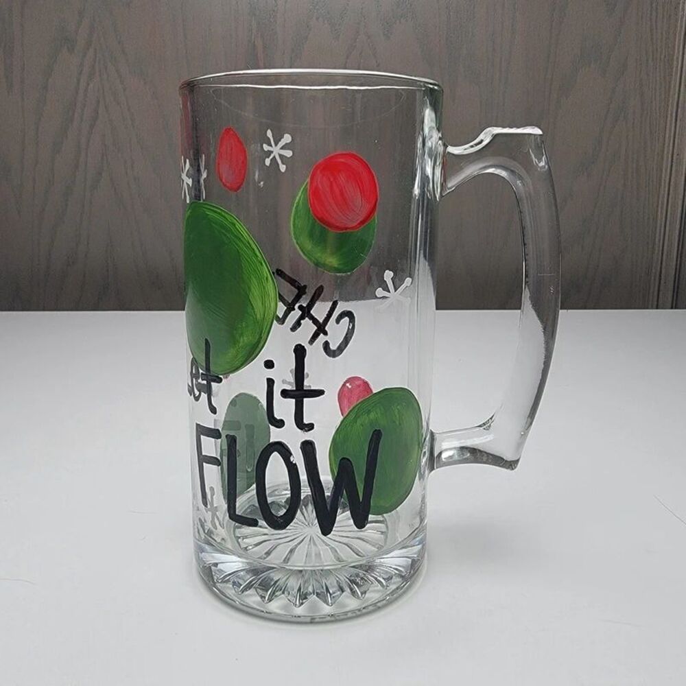 Let It Flow Christmas Glass Beer Mug Hand Painted Snowflakes Polka Dots Holiday